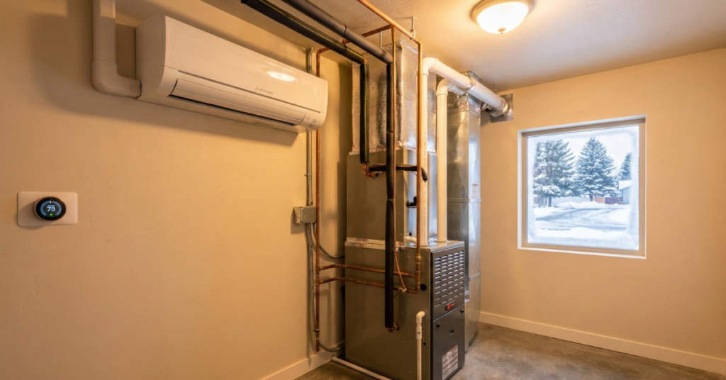 home heating system setup with furnace, ductwork, and wall-mounted ductless mini-split unit in a basement room